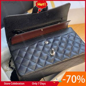 10A Calidad de espejo Bolso clásico acolchado con doble solapa 25 cm Bolsos de cuero genuino de nivel superior mediano Caviar Piel de cordero Monederos negros Hombro Ch