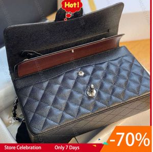 10A Sac à double rabat matelassé classique de qualité miroir 25 cm Sacs en cuir véritable de niveau supérieur moyen Sacs à main en cuir d'agneau caviar noir Boîte à chaîne à bandoulière HIOJOB HH113E