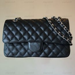 10a spiegelkwaliteit ontwerper klassieke dubbele flapzakken 25 cm middelgrote dames handtas real lederen kaviaar lamskijn zwart gewatteerde portemonnee crossbody schouderketting tas