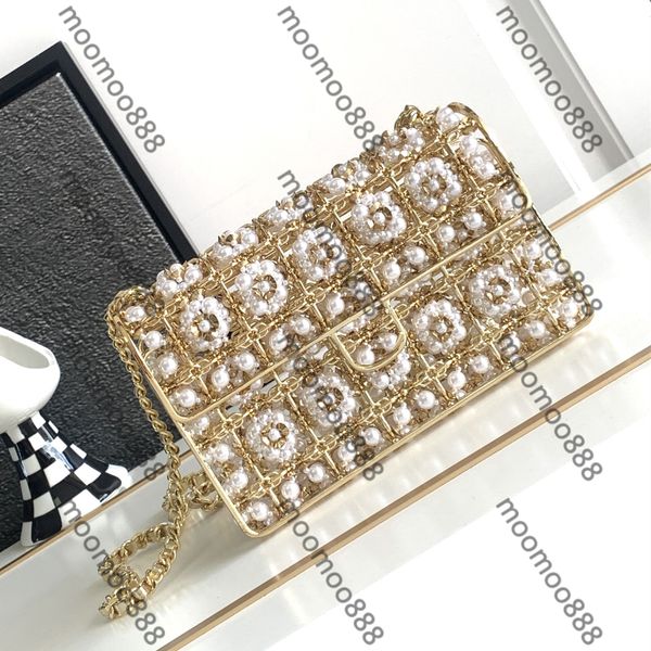 12A Totalmente nuevo Espejo Diseñador de calidad Mini bolso de noche con solapa 17 cm para mujer Rhinestone Pearl Clutch Luxurys Bolsos Monedero de metal Crossbody Hombro Cadena de oro Bolsas