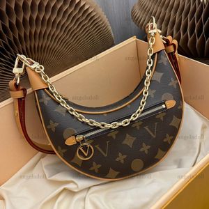 10A Mirror Quality Designers Small Hobo Bags 23cm Womens Loop Half Moon Bag Brown Canvas Handtas Real Leather Trims Chain Purse Luxury Womens Shoulder Strap Box Bag