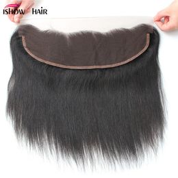 Ishow 10A Premium Peruviaans recht Maagd Haar 13 * 4 Zwitserse Maleisische Kant Frontale Sluiting Braziliaanse Indiase voor Vrouwen Meisjes Natuurlijke Kleur 8-20inch