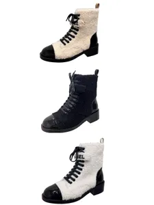 10A Botas de diseñador superior para mujer Otoño e invierno Botas de tobillo con diamantes de imitación de cuero de encaje doble para mujer Botas cortas Botas de arena Botas Martin de tacón grueso elevado Botas para la nieve