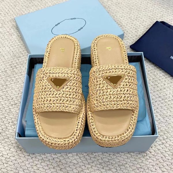 10a Zapatillas de diseñador de alta calidad Triángulo Sandalia Paja Rafias Hombre Tejido Zapato Al aire libre Viajes Piscina Plataforma Tacón Plano Diapositiva Mujer Casual Verano Sliders Lady