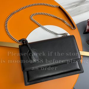 12a All-nieuwe spiegelkwaliteit Designer Dames Zonsondergang Zakken 22 cm Medium Echt lederen koeienhuidtas Purse Luxurys Flap Handtassen Crossbody Zwarte schouder Zilveren ketting Doos