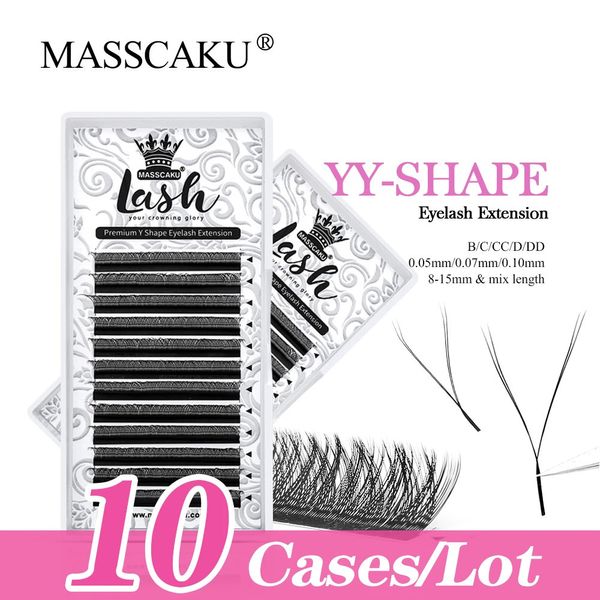 10case/lote Masscaku YY Shape Volume Lathes Corea PBT Fibrfy Matte Matte Black Lath Extension individual Falso Y diseño Eyelash 240407