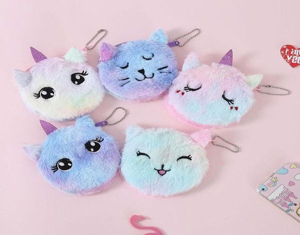 10 cm Cat Unicorn Plush Wallet 5 estilos Círculo Moneda corta Monedero de caramelo con cremallera Kid Student Key Colgante Bolsa Almacenamiento de tarjetas Lovely Ba2010134