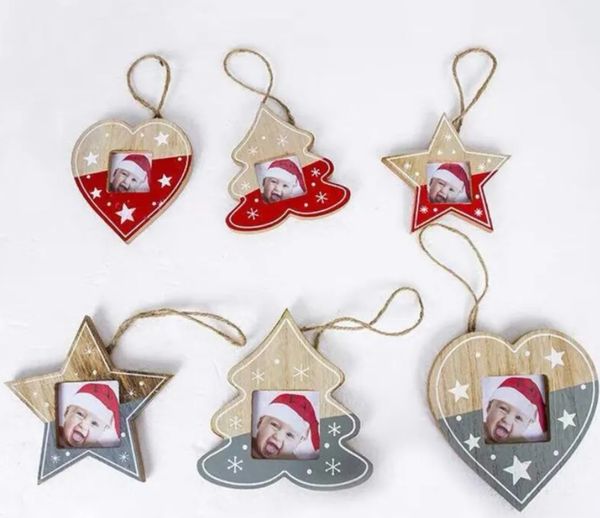 10 CM Creativo Marco de Fotos de Navidad Adornos Marcos de Fotos de Madera Diseños de Árboles de Estrellas de Corazón Colgantes Para Decoración de Interiores Al Por Mayor