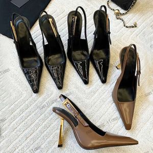 10 cm tacón de aguja LEE slingback bomba zapatos de vestir sandalias de diseñador Mujeres tacones altos dorados Espejo brillante charol negro punta puntiaguda fiesta de boda Sling backs de lujo