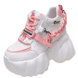 10 cm dikke zool casual dames gevulkaniseerde schoenen sport hoog platform sneaker vrouw ketting dikke sneakers wit roze mode dames 240124