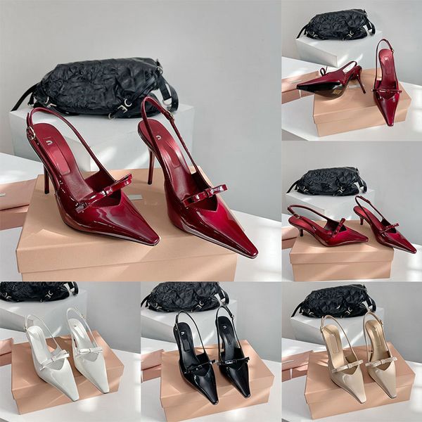 10 cm Bomba de mujer Sandalias de diseñador Charol Stiletto Tacones altos Slingbacks Top Calidad de espejo Zapatos de vestir con envoltura en el tobillo Mulas de lujo Zapatos puntiagudos de banda estrecha