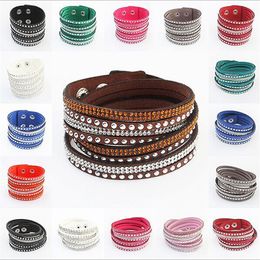 10 kleuren Multilayer Diamond Armbanden voor Dames Leren Wrap Charm Sieraden Mode Trendy Lichtmetalen Armband Rhinestone Bangle voor meisjes Vrouw