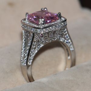 10CT Big Pink Sapphire Luxury Jewelry 14kt White Gold Filled 192PCS Pave Tiny Zirconia Diamond Party Mujeres Anillo de boda para regalo de amante