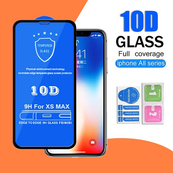 Protector de pantalla de cubierta completa 10D para iPhone 13 12 mini 11 Pro XS Max XR X 8 7 6 Plus Borde curvo 9H Dureza Vidrio templado