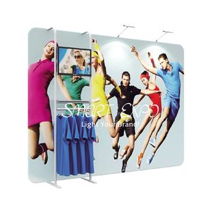 Retail benodigdheden 10ft rechte stof muur tentoonstelling display met kleding plank rack TV houder gedrukt grafische draagbare draagtas