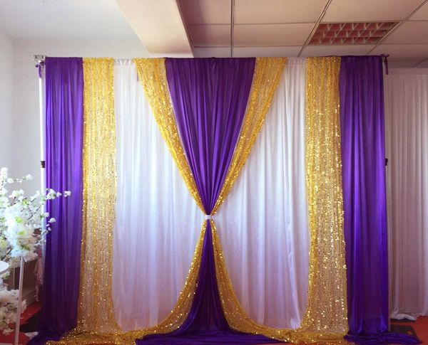 Rideau blanc en soie glacée violette, 10 pieds x 10 pieds, décoration à paillettes dorées, toile de fond pour fête de mariage, 7657995