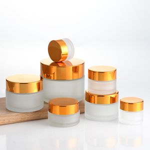 Bouteille de jar à la crème en verre de givre 10g 20g 30g 1oz poteaux de conteneur vides pots cosmétiques avec couvercle en or noir