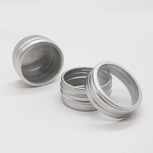 Latas redondas de 10G Latas con tapa de rosca con ventana transparente Contenedores de especias de metal plateado Frascos de almacenamiento de viaje de aluminio para cocina, oficina, dulces, regalos, manualidades