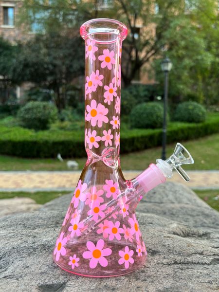 10 pouces rose Daisy verre Bong bécher fumer narguilé conduite d'eau barboteur percolateur Bongs avec tige descendante et bol de tabac mâle 14mm