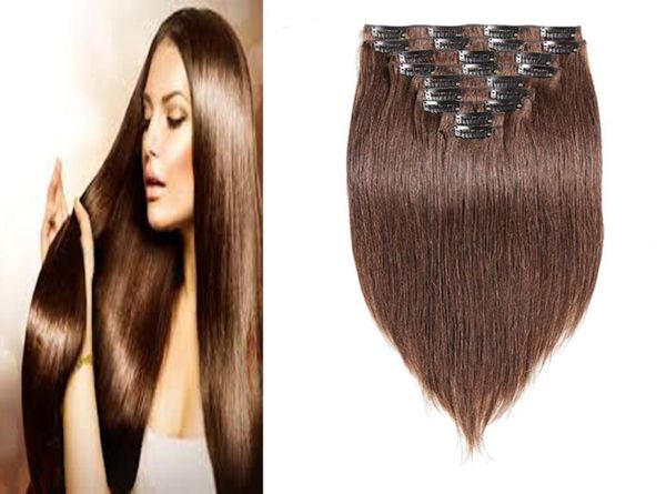 Extensions de cheveux naturels brésiliens Remy lisses avec clips, 10 pouces, 24 pouces, fabriqués à la Machine, 9 pièces, 100 grammes, 2 bruns les plus foncés7240609