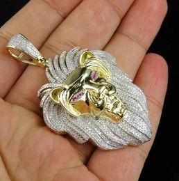 10K Geel Gold Lion Head King Pendant Natural White Sapphire Diamond Necklace Men039S Persoonlijkheid Sieraden Boyfriend039S BIR7289644