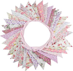 Banderole triangulaire de 10 m, 36 guirlandes de fanions en tissu de coton pour fête d'anniversaire, mariage, fête prénatale, décorations extérieures et de maison (rose)