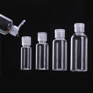 Botella exprimible de plástico PET de 10m ~ 60mll con tapa abatible, botellas transparentes de forma redonda para líquido de maquillaje, desinfectante de manos desechable