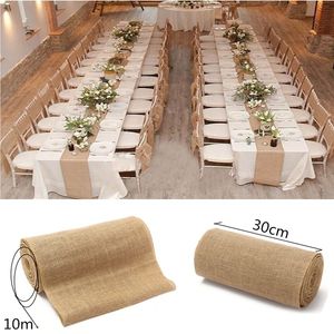 Decoración del partido 10Meter x 30CM Natural Yute Hessian Arpillera Rollo de cinta Arpillera Corredores de mesa Banquete de boda Silla Bandas Decoraciones para el hogar vintage