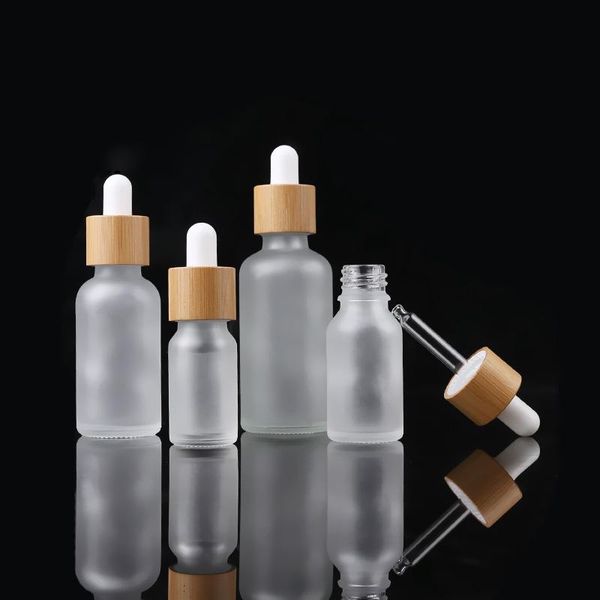 Flacon compte-gouttes en verre transparent givré avec couvercle en bambou, bouteille en verre d'huile essentielle, vert givré, 10ml, 15ml, 20ml, 30ml
