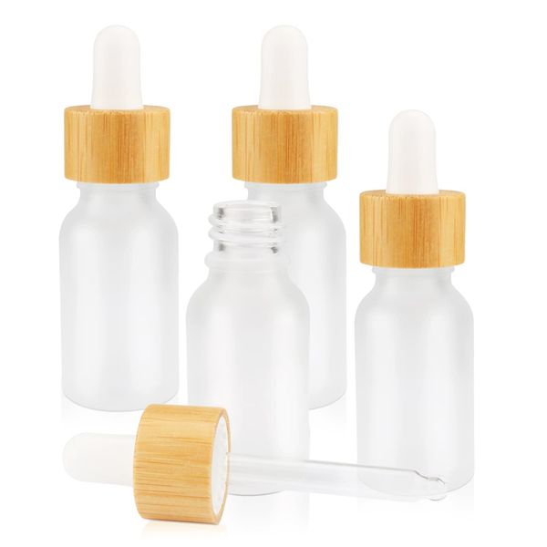 Flacons compte-gouttes en verre dépoli de 10 ml, 20 ml, 30 ml, 50 ml, bouteilles d'huile essentielle et couvercles en bambou, flacons d'échantillon de parfum, contenants cosmétiques liquides d'essence