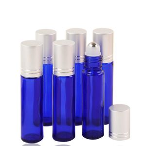 10ML Zwart Cover en Zilver Frosted Blue Glass Essential Oil Fles Roestvrijstalen Metalen Rolling Ball Roller LK008