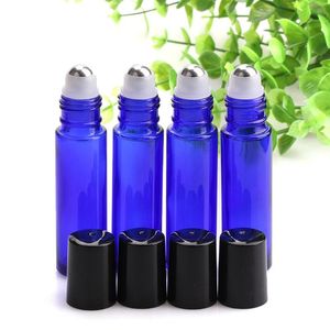 10 ml blauwe kleur glazen flessen met roestvrij stalen roller en zwart deksel voor e vloeibare olie parfum goedkope groothandel gratis DHL verzending