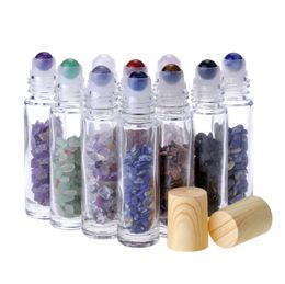 10 ml heldere glazen rol op parfumflessen met gemalen natuurlijke kristallen kwartssteen, kristallen roller bal houtnerf cap SN5453