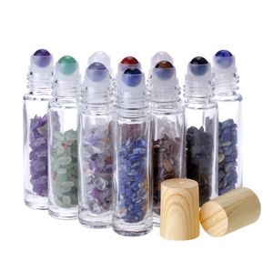 Rouleau de verre transparent de 10 ml sur des bouteilles de parfum avec pierre de quartz en cristal naturel broyé, bouchon de grain de bois de boule de rouleau de cristal SN5453