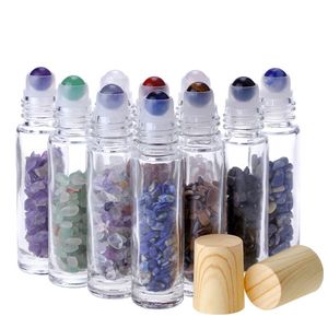 Rollo de vidrio transparente de 10ML en botellas de Perfume con cristales de piedra de cuarzo de cristal Natural triturado tapa de grano de madera de bola de rodillo