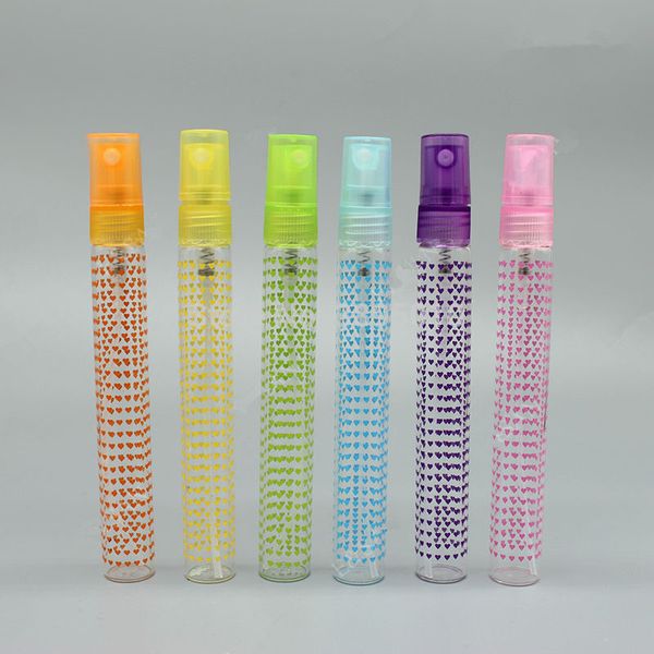 Botella de perfume de vidrio colorido de 10 ml, vial de perfume largo y delgado, atomizador de aerosol Botella de embalaje de muestra de prueba de perfume de 10 CC F877