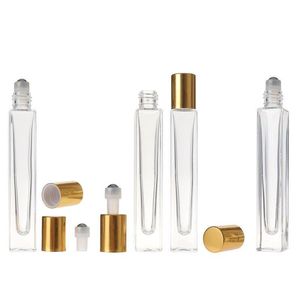 10 ml stylo vide carré en verre transparent rouleau sur bouteille avec capuchon en or boule à roulettes en acier inoxydable pour parfum d'huile essentielle Pvgmd