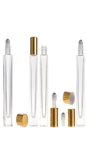 Stylo vide carré en verre transparent de 10ml, bouteille à rouler avec capuchon doré, boule roulante en acier inoxydable pour huile essentielle, parfum 9251559