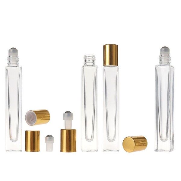 10ml stylo vide carré verre transparent rouleau sur bouteille avec capuchon en or boule à rouleaux en acier inoxydable pour parfum d'huile essentielle Eqtfh