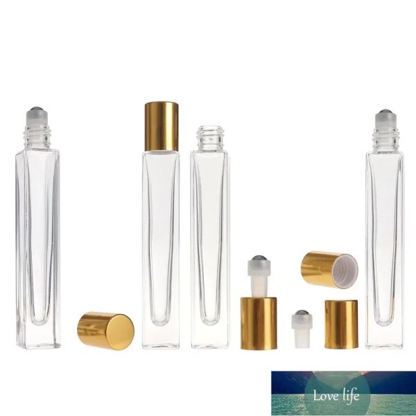 10ml vide stylo carré verre clair rouleau sur bouteille avec bouchon en or en acier inoxydable bille roulante pour huile essentielle parfum classique