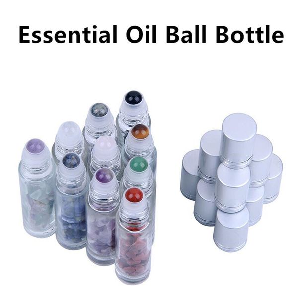 Bouteilles à bille en verre pour huiles essentielles de 10ml, flacon de parfum avec pierre de Quartz en cristal naturel écrasé, boule à roulettes en cristal