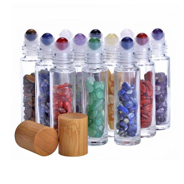 10 ml Roll-on-Flaschen für ätherische Öle, Glas-Roll-on-Parfümflasche mit zerkleinertem natürlichem Kristallquarzstein, Kristallrollerkugel, Bambus Qxoi