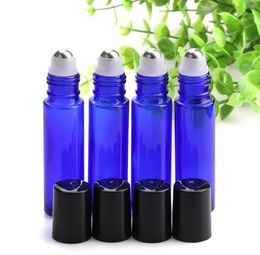 Gratis verzending 10 ml glazen roll op blauwe flessen hoge kwaliteit mini 10 ml etherische olieplessen met glas of metalen roller 600pcs / lot SN460