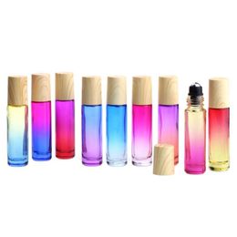 10ml Verre Roll on Bottles Huile Essentielle Bouteille de Parfum Gradient Color Roller Bottles avec Wood Grain Cap Billes en Acier Inoxydable Roll-on Stpq