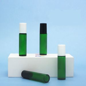 Bouteilles de rouleau de crème pour les yeux essentielles vertes de 10 ml voyageant le récipient en verre de parfum de roulement à billes rechargeable