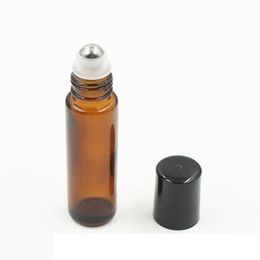 10 ml Mini Roll op Glasfles Geur Perfume Amber Bruin Dikke Glazen Flessen Essentiële oliefles met stalen metalen roller