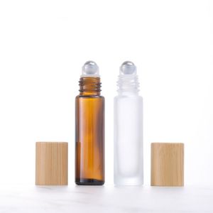 Rouleau de parfum de 10 ml sur la bouteille en verre clair givr￩ givr￩ avec des couvercles de bambou ￠ bambou en m￩tal