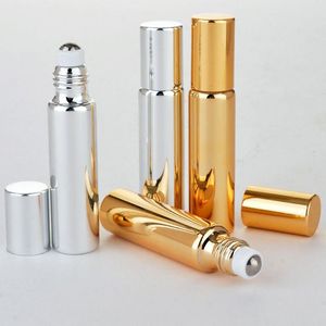 10 ml glanzende UV -coatingglasrol op parfumfles, gouden zilverzwarte etherische olie -flesje flacon met roestvrijstalen rollerbal BQWIV