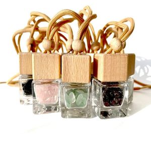 10ml Tiny Car Air Freshener Diffuser Clear Square Glass Parfum Bottles avec Hang Rope Wood Cap Natural Energy Crystal Bxpxh