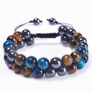 Bracelet en pierre d'oeil de tigre bleu 10mm, Double couche de perles tressées, Bracelet magnétique en hématite réglable pour hommes et femmes, bijoux à la mode